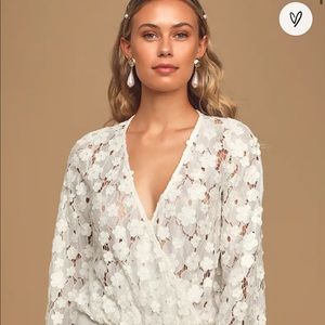 Blossom On Over White Lace Faux Wrap Long Sleeve Bodysuit, size M